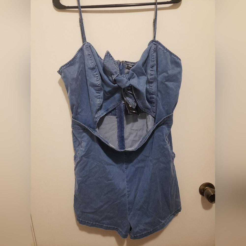 Denim romper with front tie